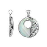 Sterling silver round Mother of Pearl pendant with luminous inlay, intricate Bali vine design, and oxidized finish, handcrafted artisan jewelry for women.